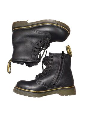 Dr. Martens Kids Black Leather Combat Boots with Yellow Stitching